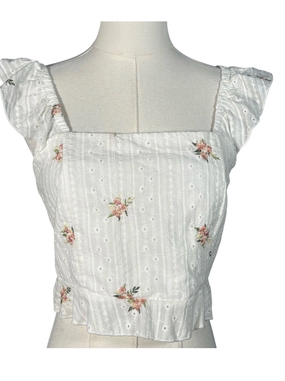 NWT-Kirious Los Angeles White Floral Eyelet Square-Neck Women's Top
